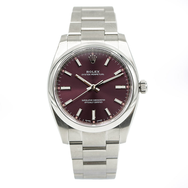 Rolex Oyster Perpetual 114200 Red Grape Dial 2019 34mm Moyer