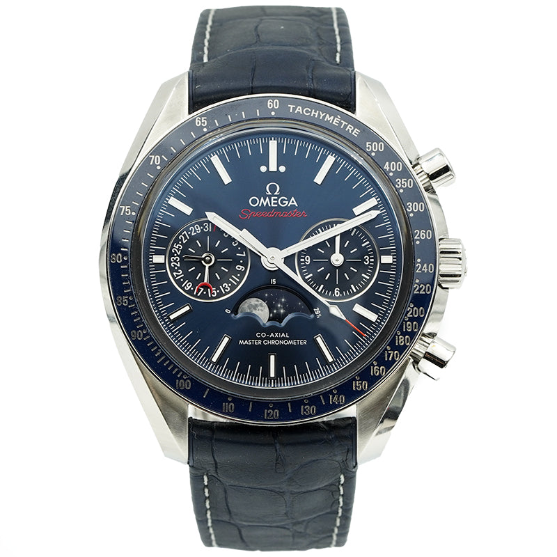 SOLD 1 15 24 Omega Speedmaster Moonphase Blue Dial 304.34.45