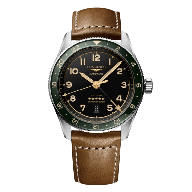 Longines Spirit Zulu Time Green Bezel Leather Strap GMT - L3.812.4.63.2