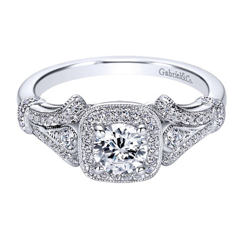 14K White Gold Round Halo Engagement Ring