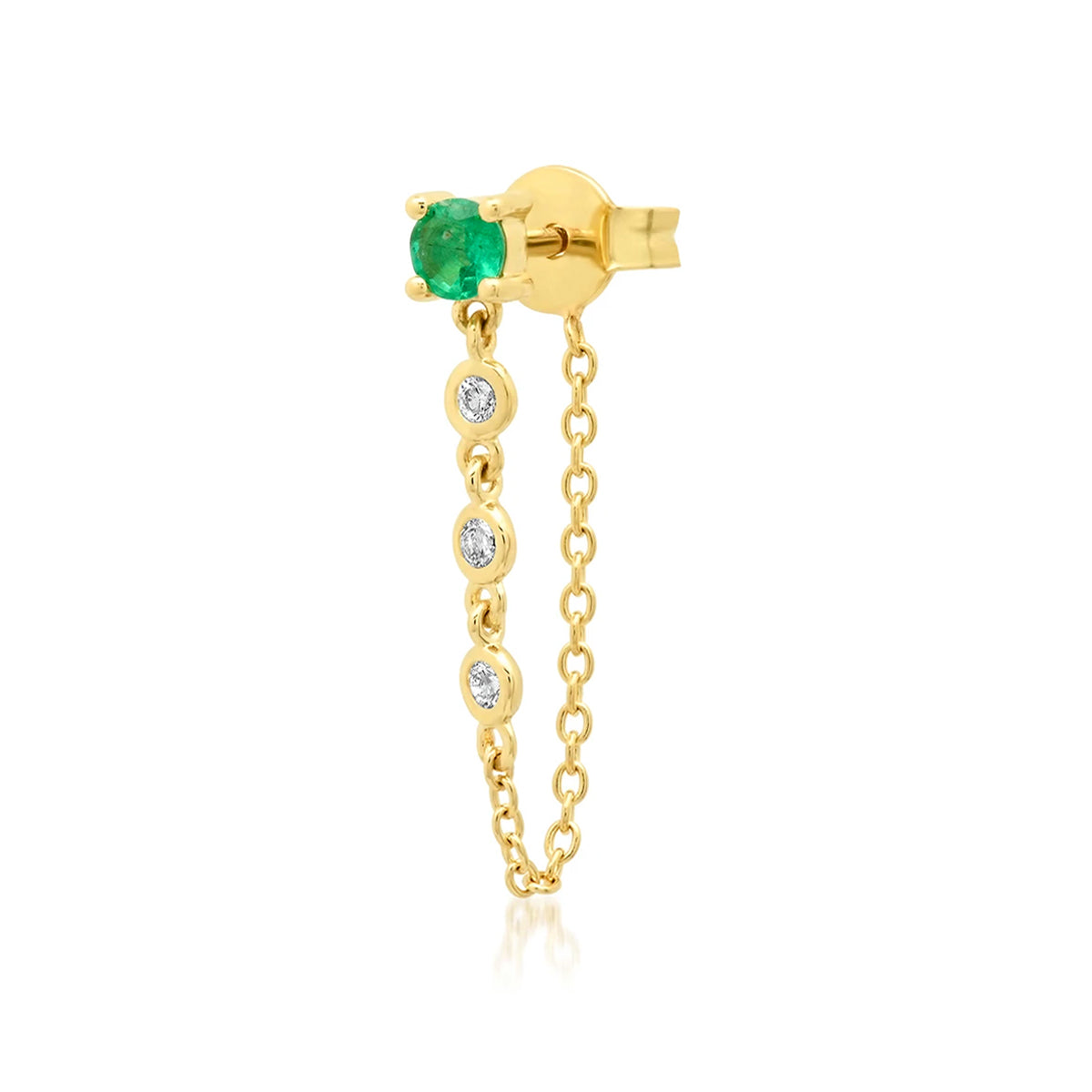 Eriness 14K Gold Single Emerald Stud Diamond Chain Earring