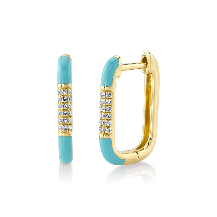 14K Yellow Gold Diamond Turquoise Color Enamel Hoop Earrings