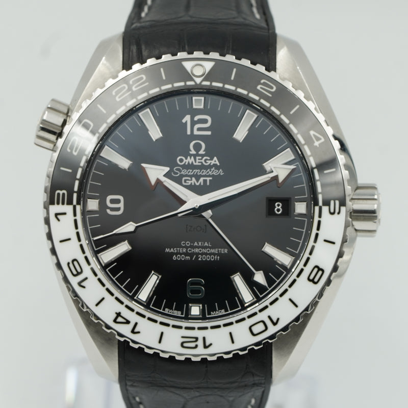 SOLD - 12/20/23 - Omega Planet Ocean GMT 43.5mm 21533442201001 Seamaster Black & White Bezel B&P