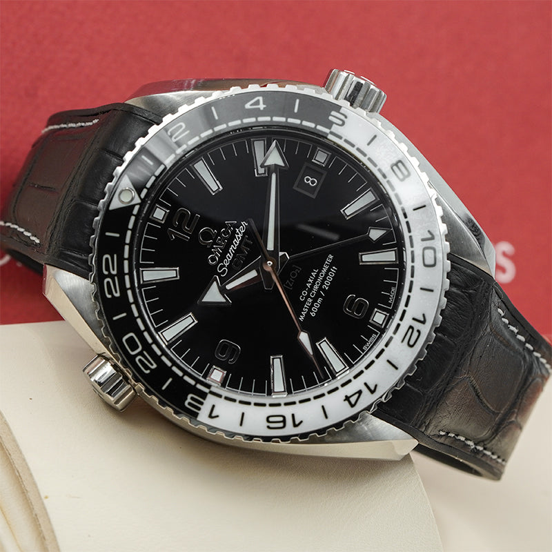 SOLD - 12/20/23 - Omega Planet Ocean GMT 43.5mm 21533442201001 Seamaster Black & White Bezel B&P