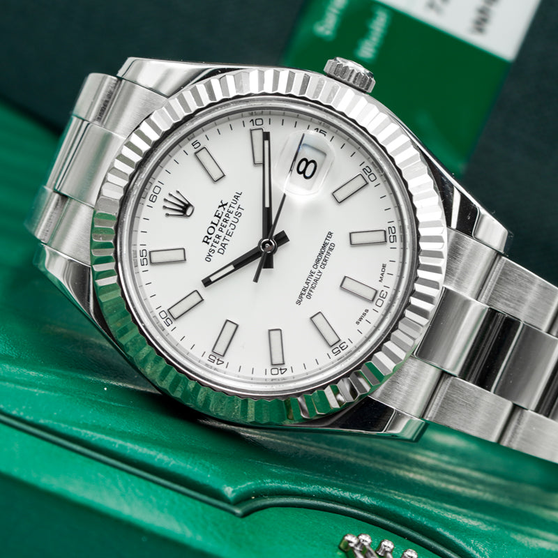 SOLD - Rolex Datejust II 116334 41mm White Dial Fluted Bezel Oyster Steel '15 B&P