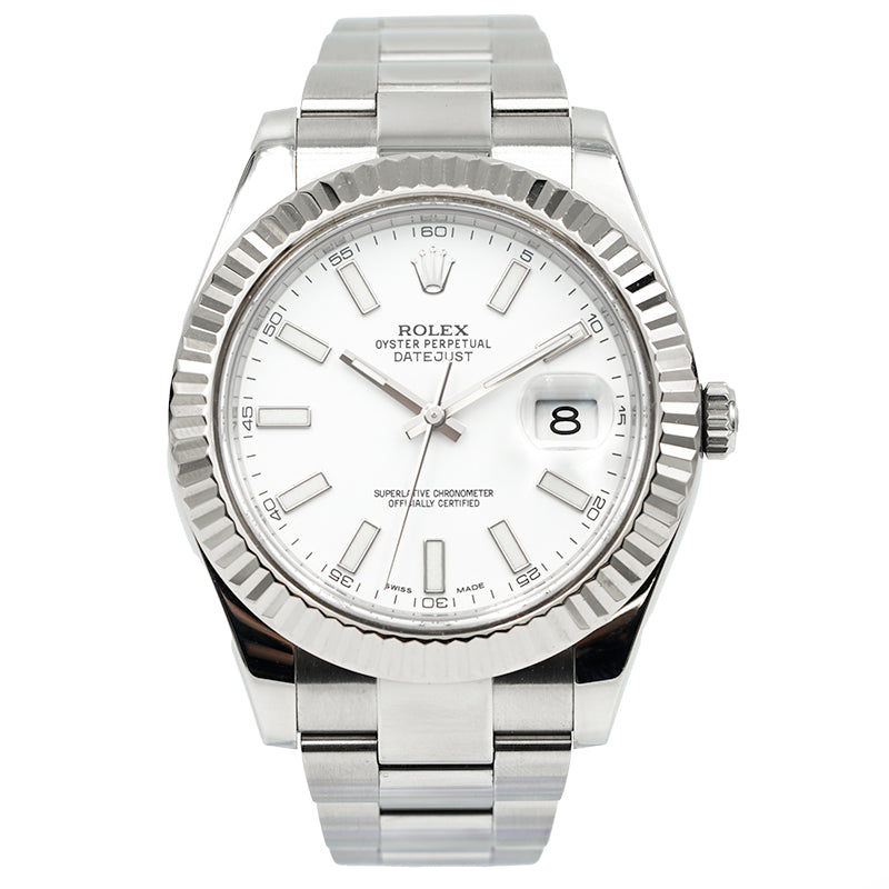 SOLD - Rolex Datejust II 116334 41mm White Dial Fluted Bezel Oyster Steel '15 B&P