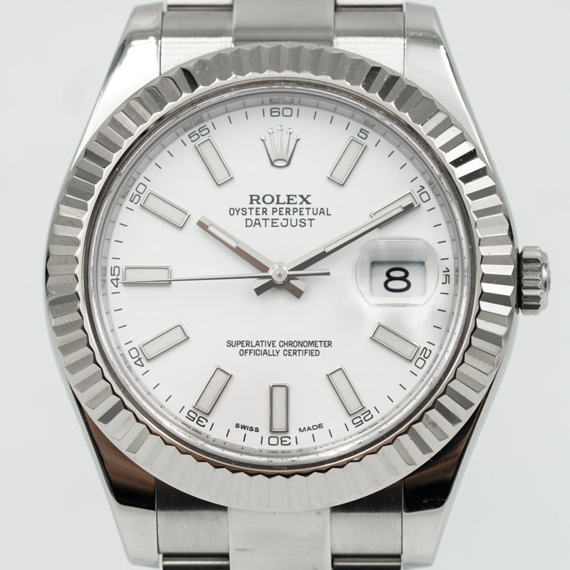 SOLD - Rolex Datejust II 116334 41mm White Dial Fluted Bezel Oyster Steel '15 B&P