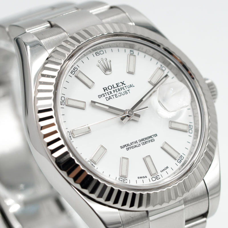 SOLD - Rolex Datejust II 116334 41mm White Dial Fluted Bezel Oyster Steel '15 B&P