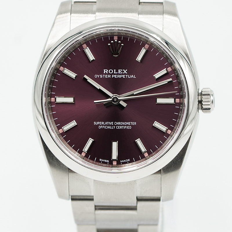 SOLD - 3/27/24 - Rolex Oyster Perpetual 114200 Red Grape Dial 2019 34mm