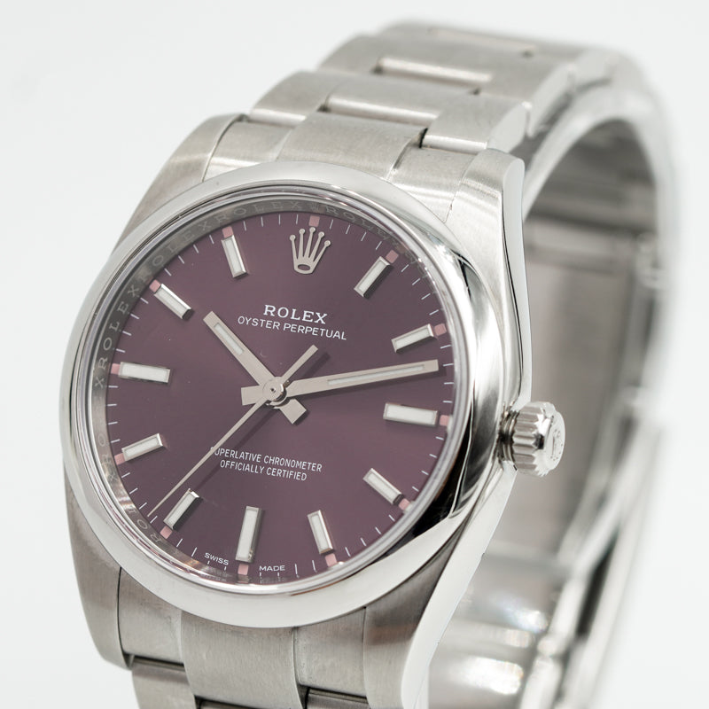 SOLD - 3/27/24 - Rolex Oyster Perpetual 114200 Red Grape Dial 2019 34mm