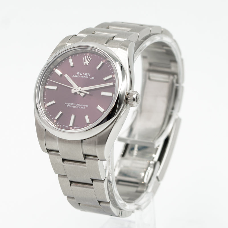 SOLD - 3/27/24 - Rolex Oyster Perpetual 114200 Red Grape Dial 2019 34mm