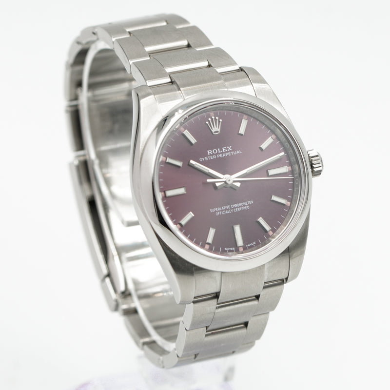 SOLD - 3/27/24 - Rolex Oyster Perpetual 114200 Red Grape Dial 2019 34mm