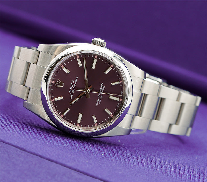 SOLD - 3/27/24 - Rolex Oyster Perpetual 114200 Red Grape Dial 2019 34mm