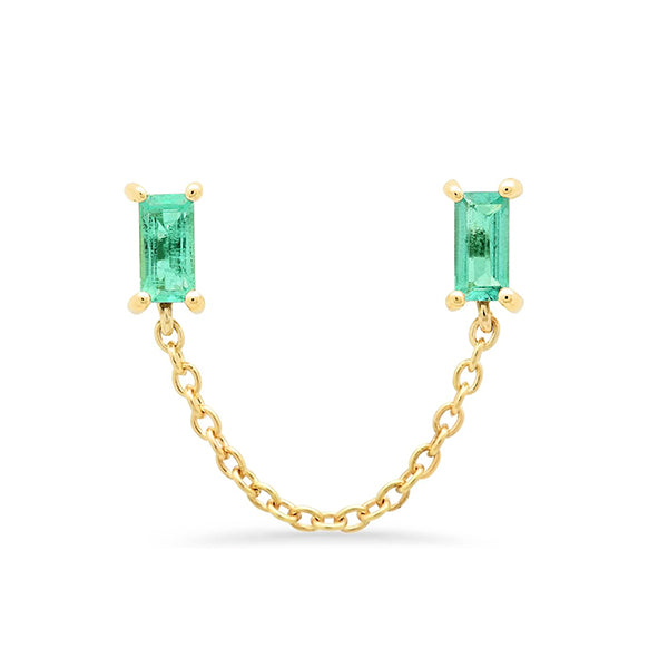 Eriness 14K Yellow Gold Single Emerald Baguette Chain Stud Earring - SBE53-YG-EM