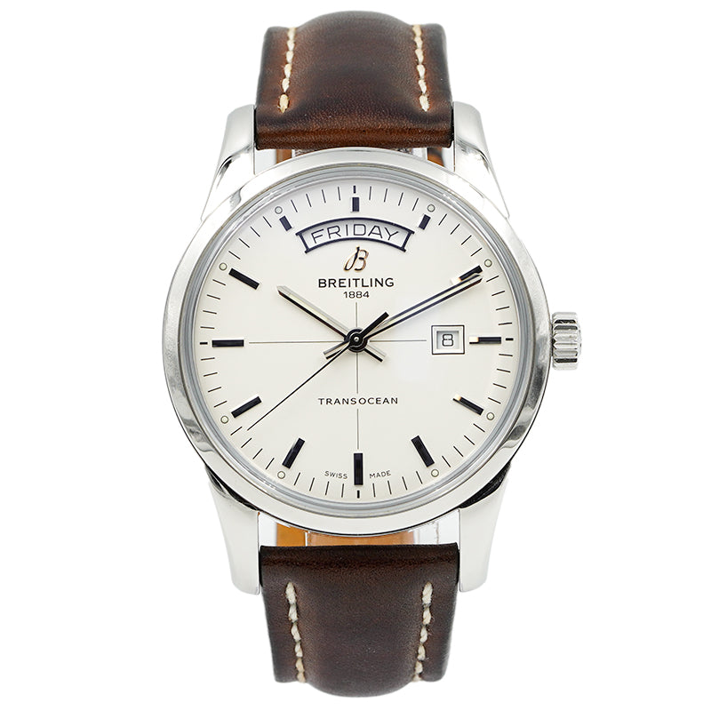 SOLD - Breitling Transocean Day-Date 43mm A4531012/G751 Silver Dial Brown Strap