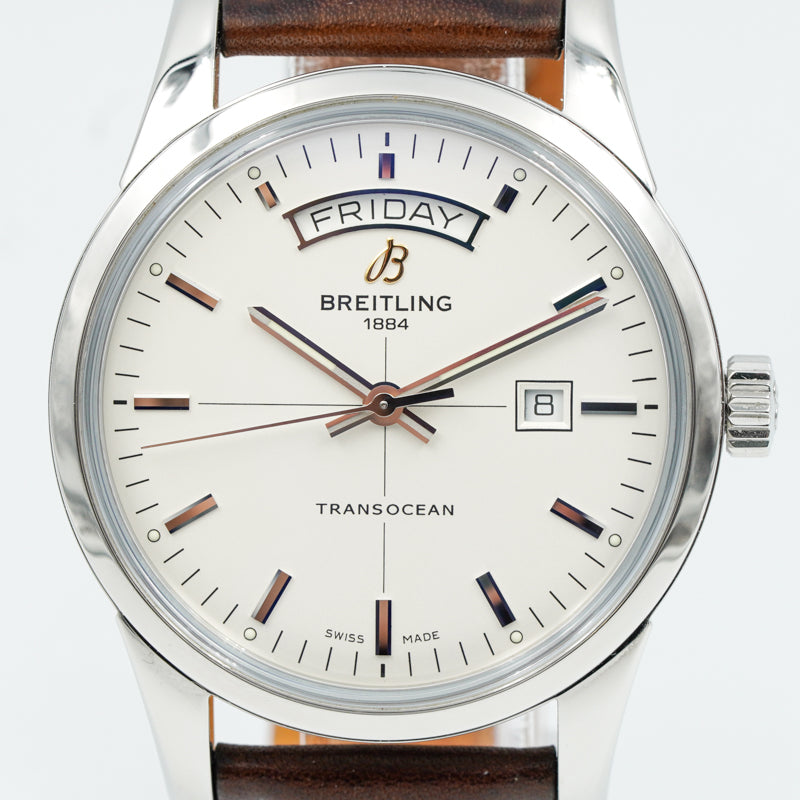 SOLD - Breitling Transocean Day-Date 43mm A4531012/G751 Silver Dial Brown Strap