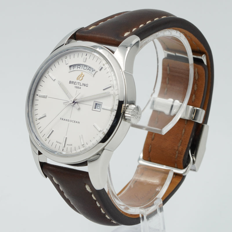 SOLD - Breitling Transocean Day-Date 43mm A4531012/G751 Silver Dial Brown Strap