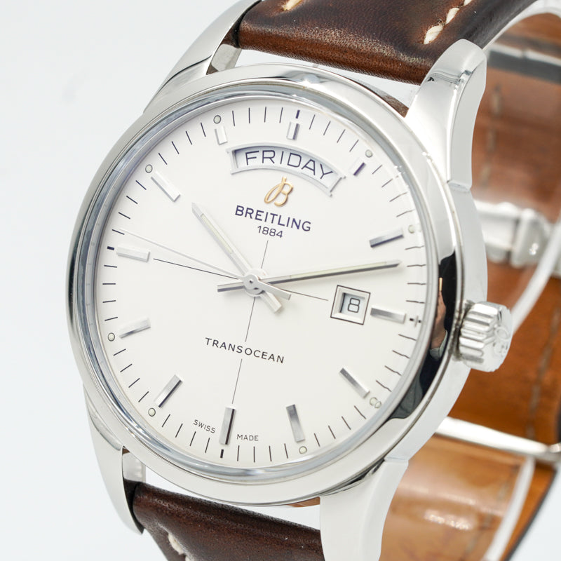 SOLD - Breitling Transocean Day-Date 43mm A4531012/G751 Silver Dial Brown Strap