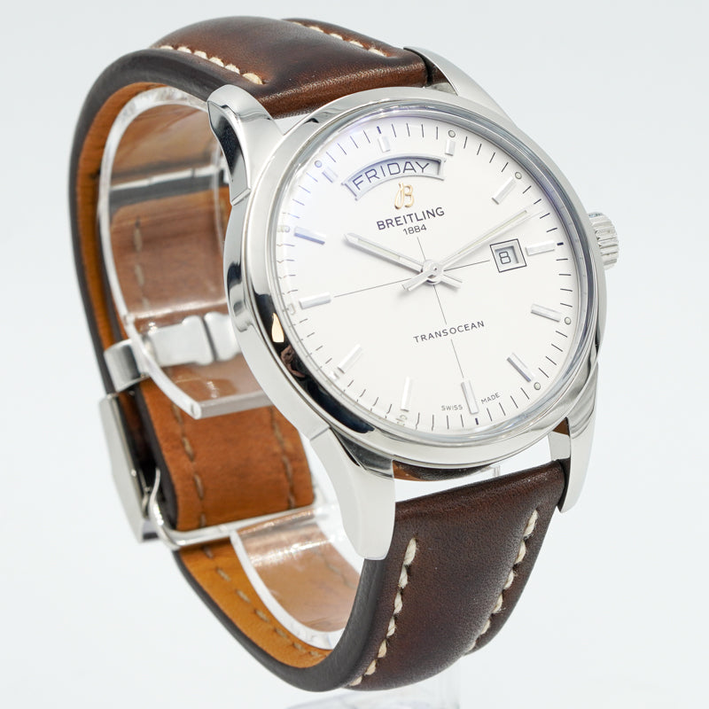 SOLD - Breitling Transocean Day-Date 43mm A4531012/G751 Silver Dial Brown Strap