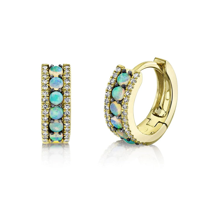 14K Yellow Gold Diamond & Opal Huggie Earrings - SC55020747