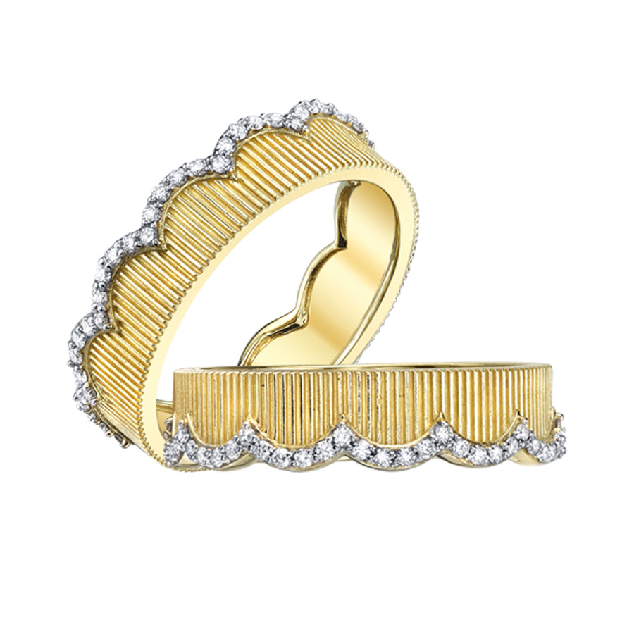 Sloane Street 18k Yellow Gold Scalloped Strie & Diamond Stackable Bands- SS-R003C-WDCB-Y