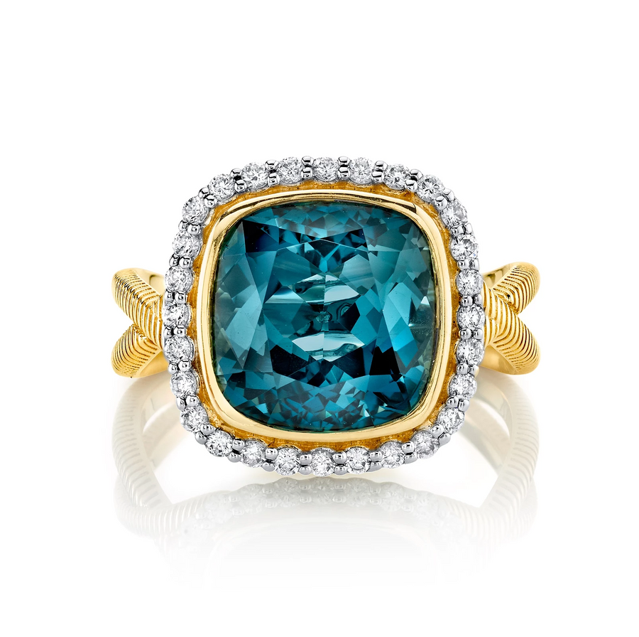 Sloane Street 18k Yellow Gold Cushion London Blue Topaz & Diamond Ring- SS-R102-LB-WDCB-Y