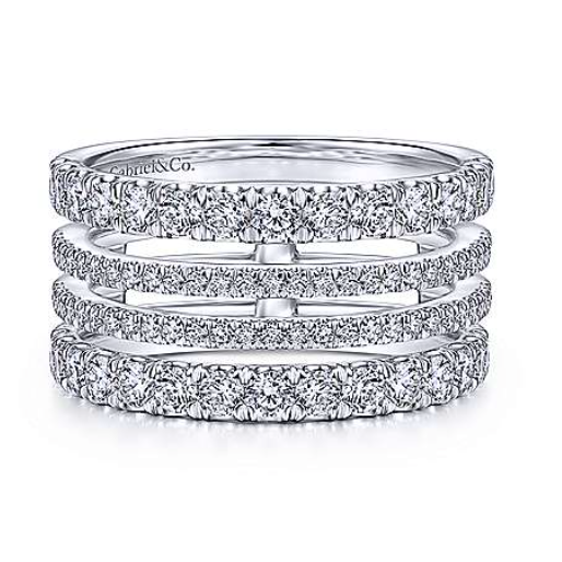 This beautiful ring creates the illusion of stackable rings but in one simple ring. The top and bottom rows have larger diamonds, and the inner two rows have smaller diamonds. Beautiful fashion ring for your right hand! 